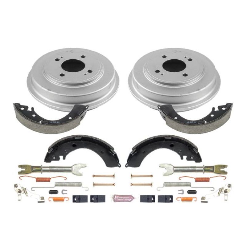 Power Stop Autospecialty rear brake drum and shoe kit with silver coated drums and installation hardware components.