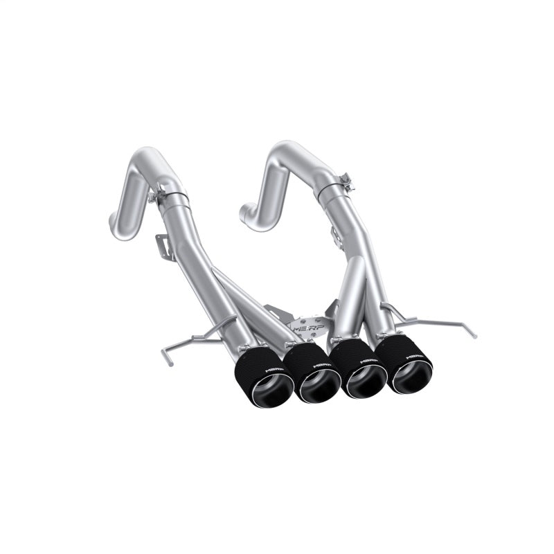 MBRP S70083CF 3-inch axle-back exhaust with quad carbon fiber tips and mandrel-bent T304 stainless steel piping.