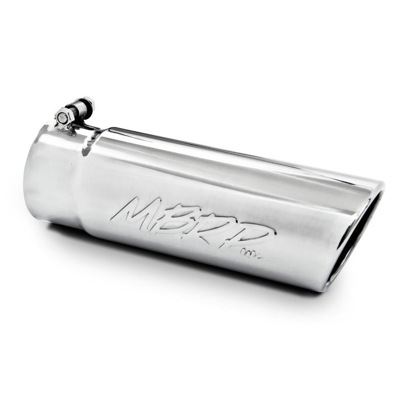 Mirror polished MBRP T304 stainless steel dual-wall angled exhaust tip with 3-inch inlet and 4.5-inch outlet.