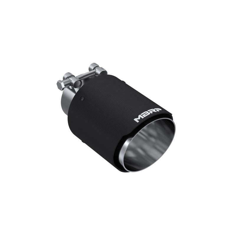 MBRP exhaust tip featuring a glossy carbon fiber outer shell and T304 stainless steel inner sleeve.