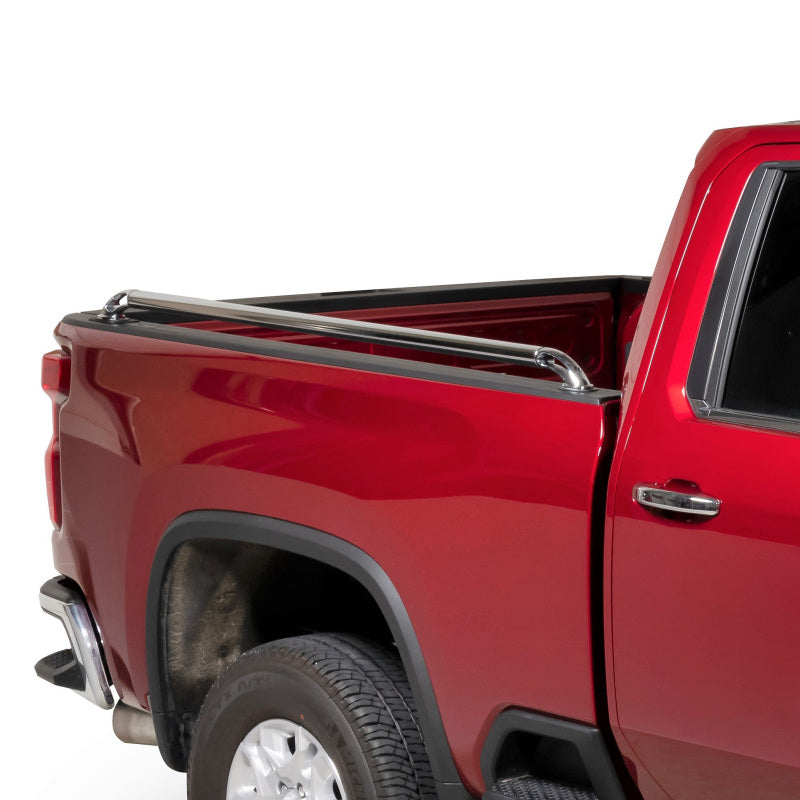 Polished 1.75 inch stainless steel truck bed side rails with chrome-plated tie-down locker ends.