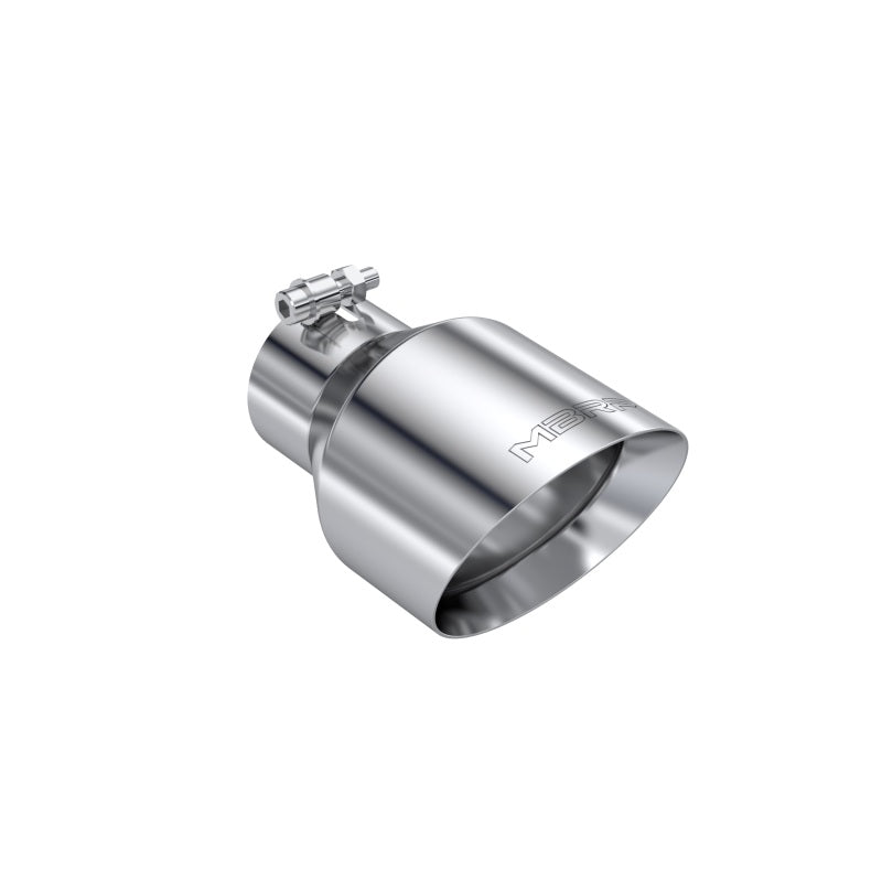 MBRP mirror-polished T304 stainless steel dual-wall exhaust tip with angle cut and bolt-on clamp.
