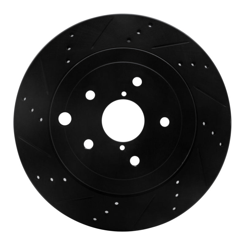 R1 Concepts rear left drilled and slotted black brake rotor for Subaru WRX and STI