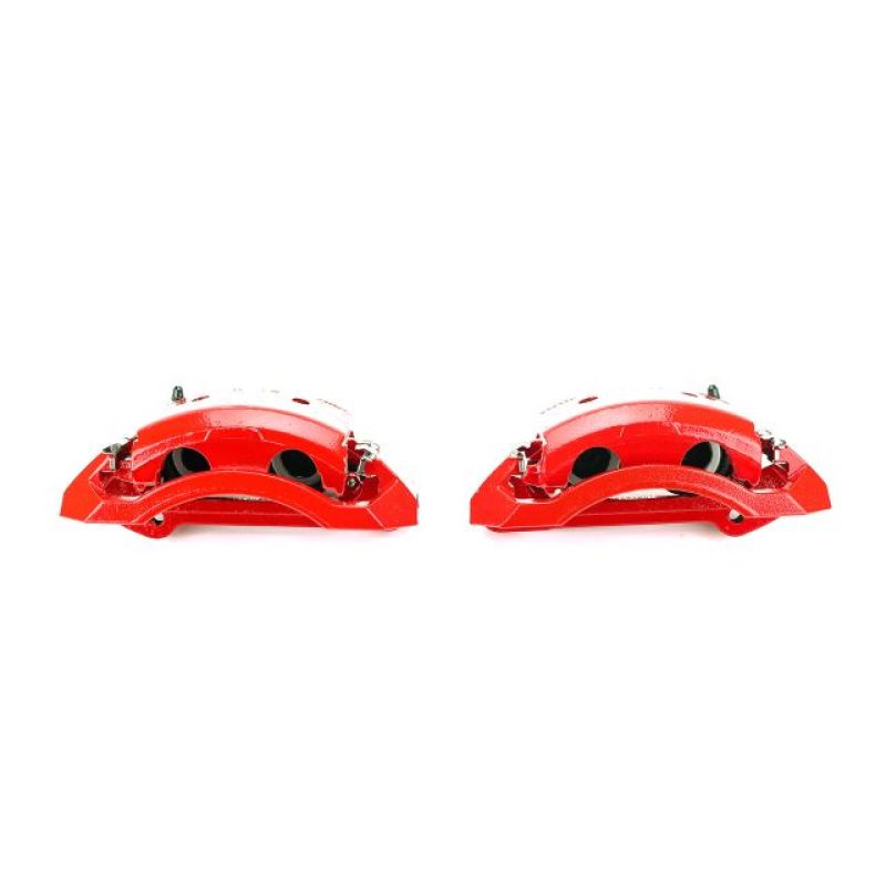 Pair of red powder-coated Power Stop front brake calipers with mounting brackets and stainless steel hardware.