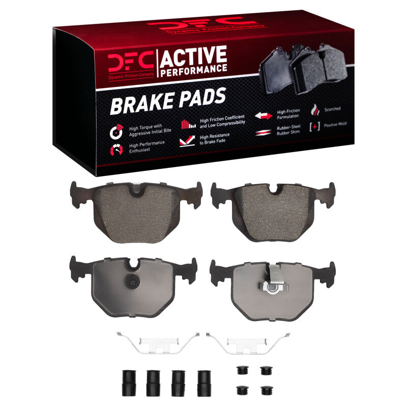 DFC Active Performance 91-10 rear brake pad set with installation hardware clips for BMW and Range Rover.