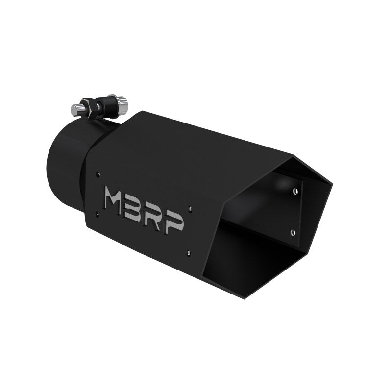 MBRP black coated 4 inch hex exhaust tip featuring a 3 inch inlet and embossed logo.