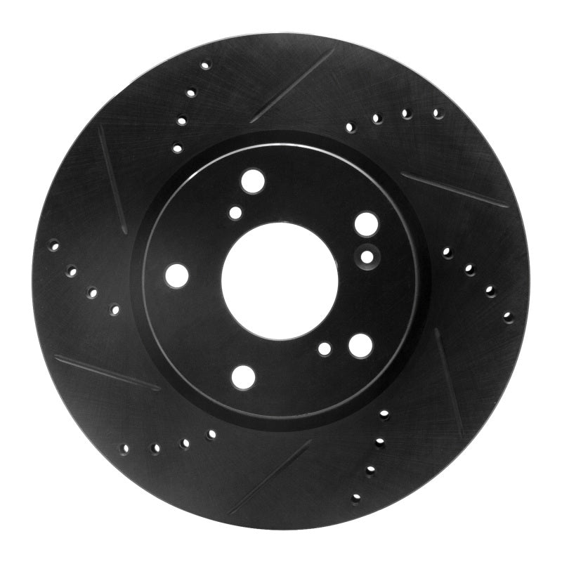 R1 Concepts front left drilled and slotted brake rotor with a black anti-corrosion finish.