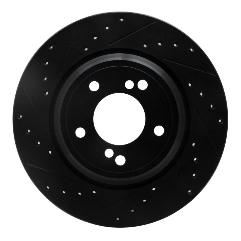 Black R1 Concepts drilled and slotted rear left performance brake rotor for 2000-2006 BMW M3 and M5