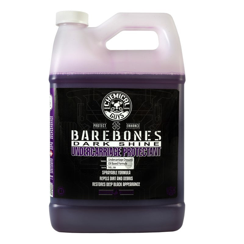 One gallon container of Chemical Guys Bare Bones Undercarriage Spray dressing for wheel wells and frames.