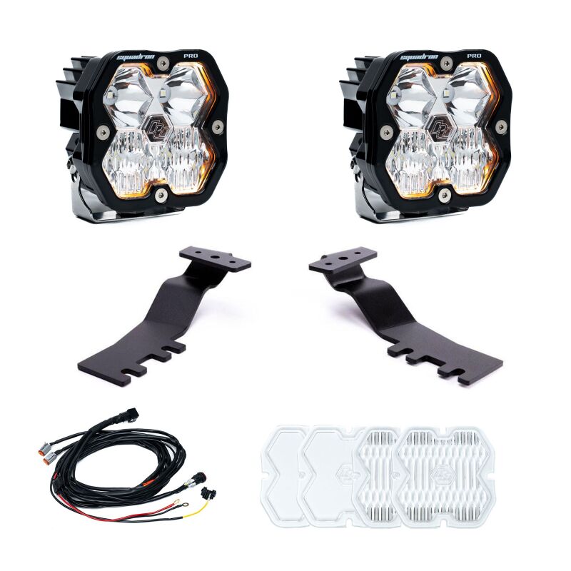 Baja Designs Squadron Pro 2.0 LED pods with clear lenses and A-pillar mounting brackets for 2024-2026 Toyota Tacoma.