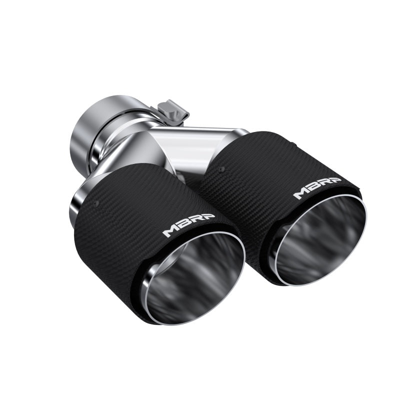 MBRP staggered dual-wall carbon fiber exhaust tip featuring a 3-inch inlet and dual 4-inch staggered outlets.