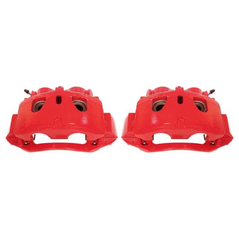 A pair of Power Stop S5302 red powder coated front brake calipers with mounting brackets and stainless steel hardware.