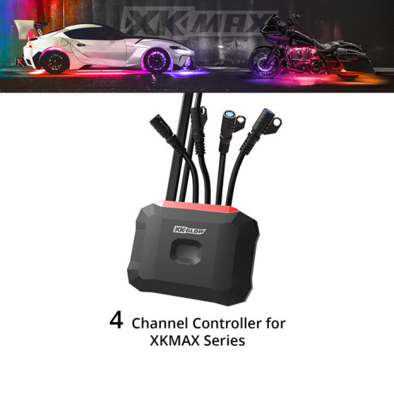 XKGLOW XKmax 4-channel Bluetooth LED controller with 5A switch wiring harness.