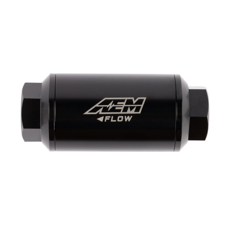AEM 25-204 compact 10-micron inline high-flow fuel filter with -6AN ORB female ports.