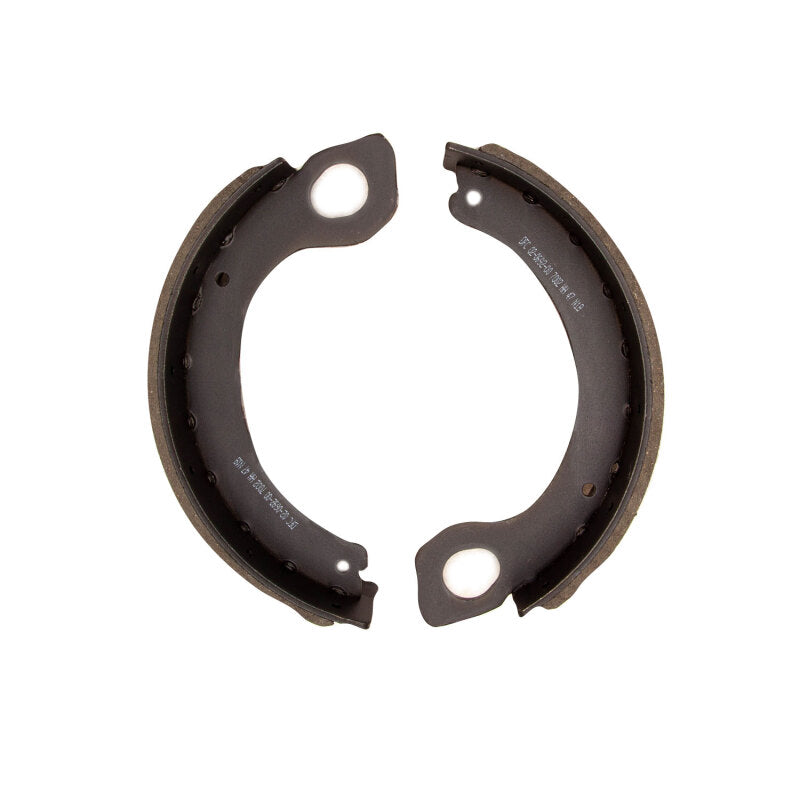 DFC semi-metallic parking brake shoes for Chevrolet C60 Kodiak with black anti-rust coated carbon steel backing.