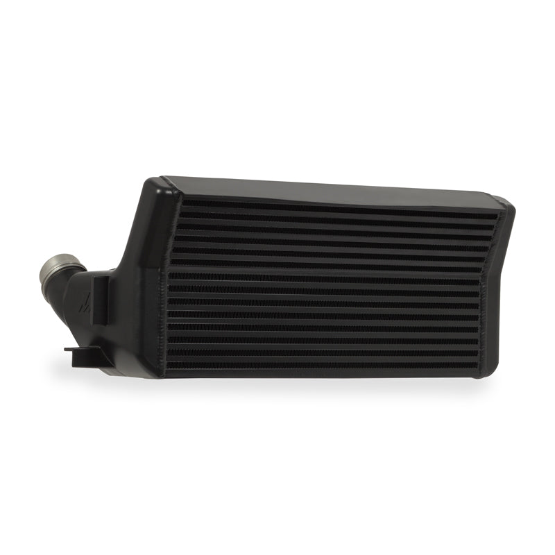 Black Mishimoto bar-and-plate performance intercooler for BMW F22 and F30 featuring a 6-inch thick stepped core design.