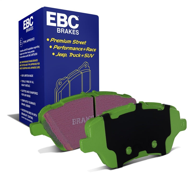 EBC Greenstuff DP22149 front brake pads with green friction material and black backing plates.