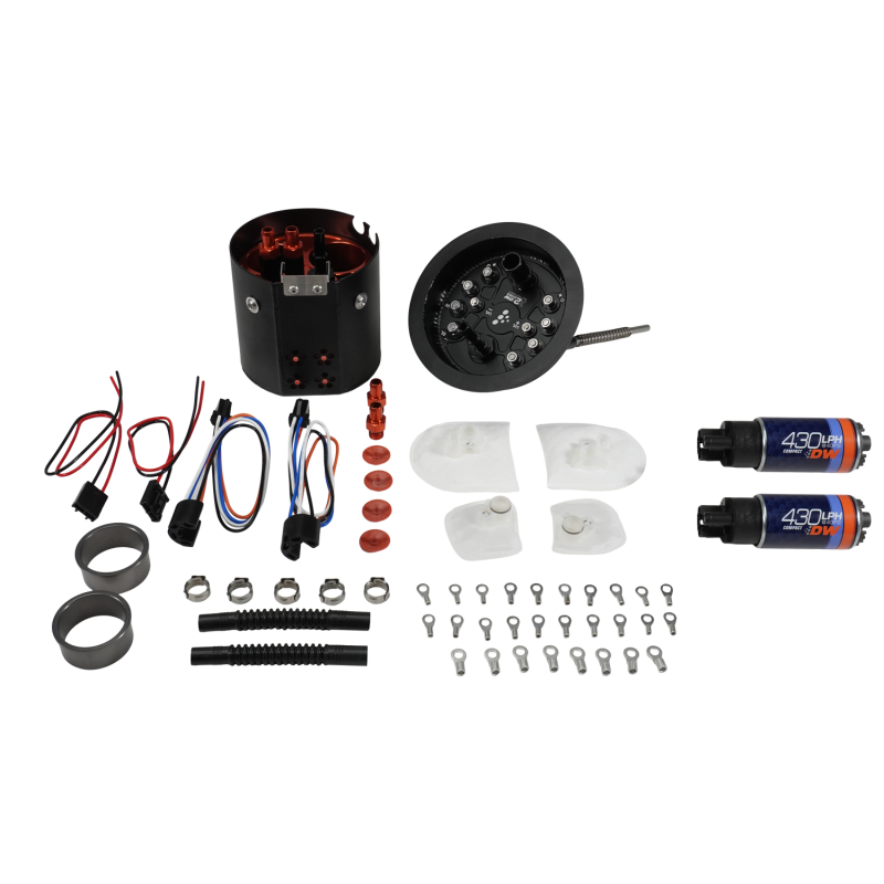 DeatschWerks X2 Series dual fuel pump module assembly with two pre-installed DW430 high-flow pumps for BMW.