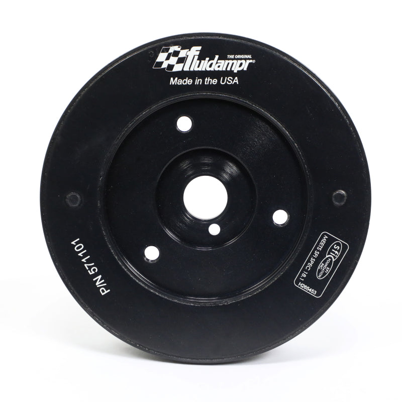 Fluidampr black zinc steel performance harmonic balancer with engraved timing marks and internally balanced design.