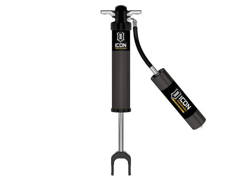 ICON V.S. 2.0 HD Series remote reservoir front shock with hard-anodized aluminum body and forged lower mounting clevis.