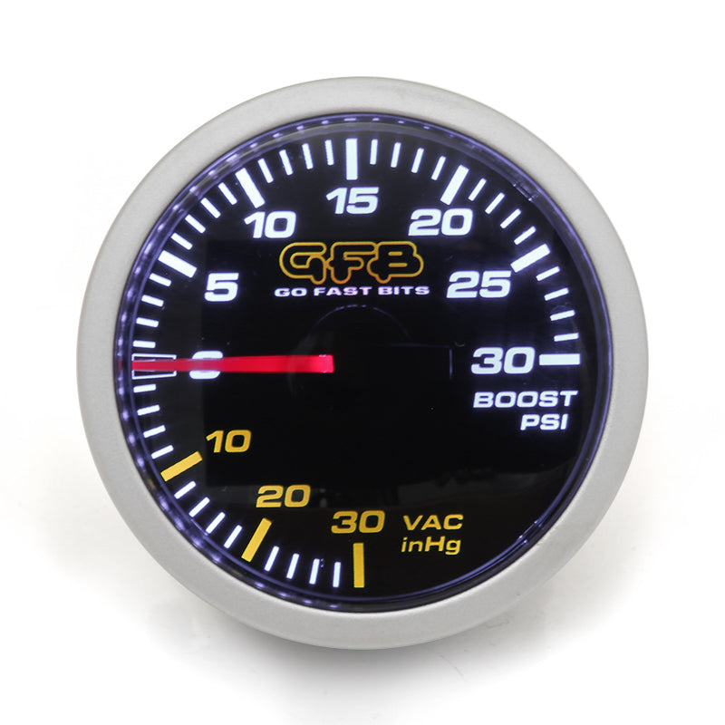 GFB 52mm mechanical boost gauge with black smoked lens and 30psi display