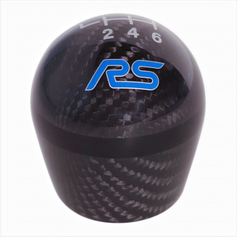 Glossy spherical carbon fiber 6-speed shift knob with a bright RS logo for 2016-2018 Ford Focus RS