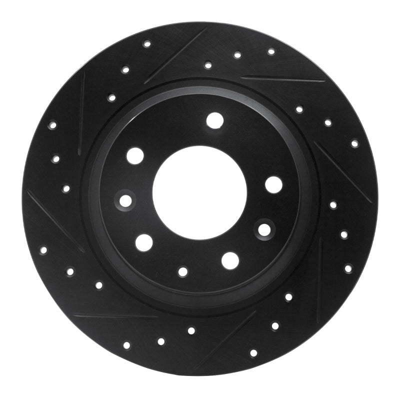 R1 Concepts black coated rear left brake rotor featuring cross-drilled holes and diamond slots
