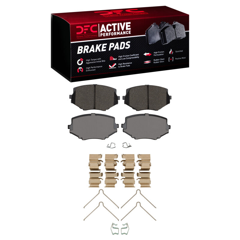 DFC Active Performance front brake pad set with included stainless steel hardware clips.