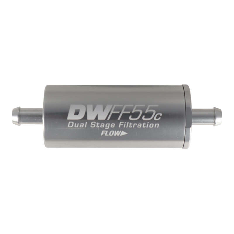DeatschWerks 55mm in-line fuel filter housing with 5/16in hose barb fittings and 10 micron stainless steel element
