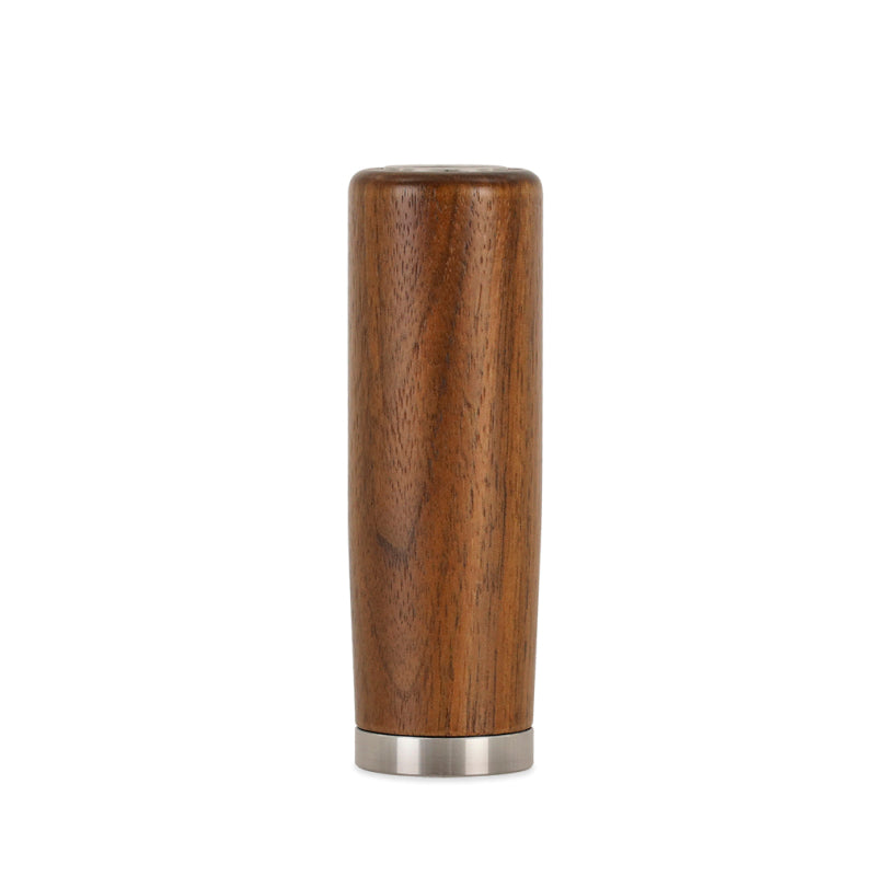 Tall walnut wood shift knob with natural grain finish and weighted stainless steel internal core.