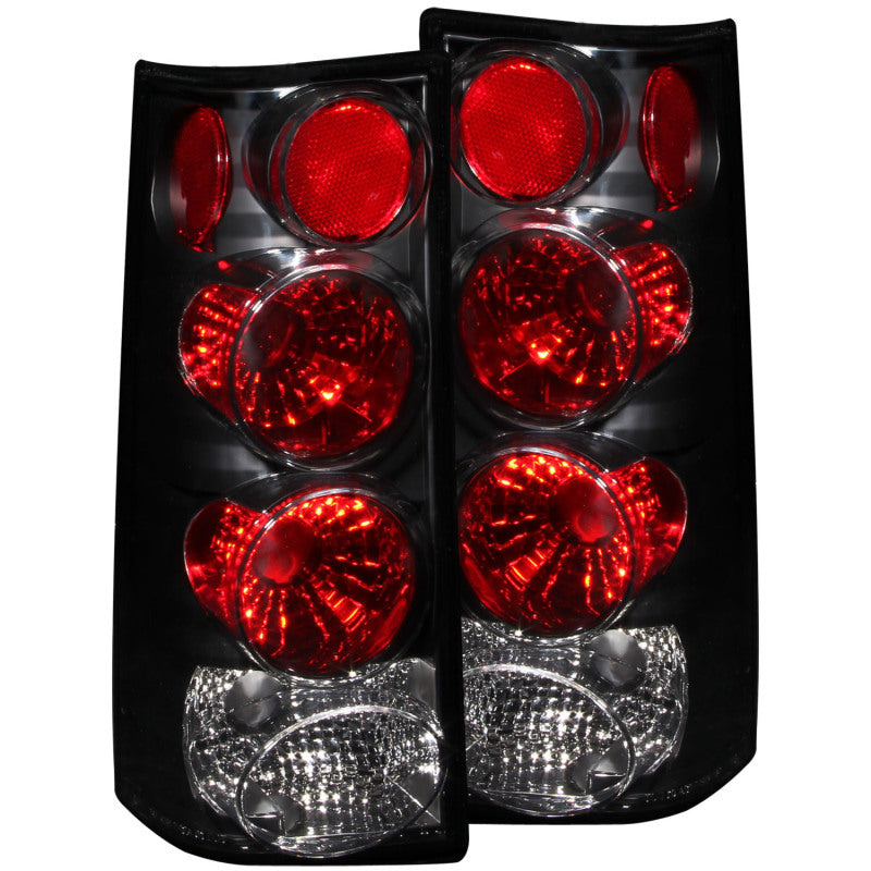 ANZO black housing tail lights with clear lenses for 1996-2002 GMC Savana and Chevrolet Express vans.