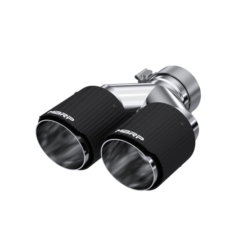 MBRP dual-wall carbon fiber staggered exhaust tip with 3-inch inlet and 4-inch dual outlets.