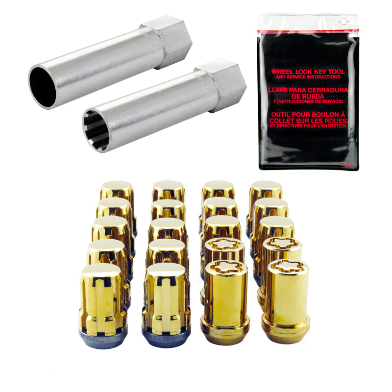Gold McGard SplineDrive 5-lug tuner installation kit including M12x1.25 lug nuts, wheel locks, and key tool.