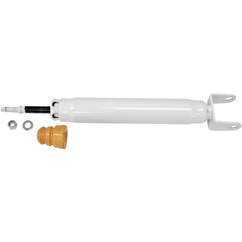 Rancho RS5000X twin-tube gas rear shock with white finish and red protective dust boot