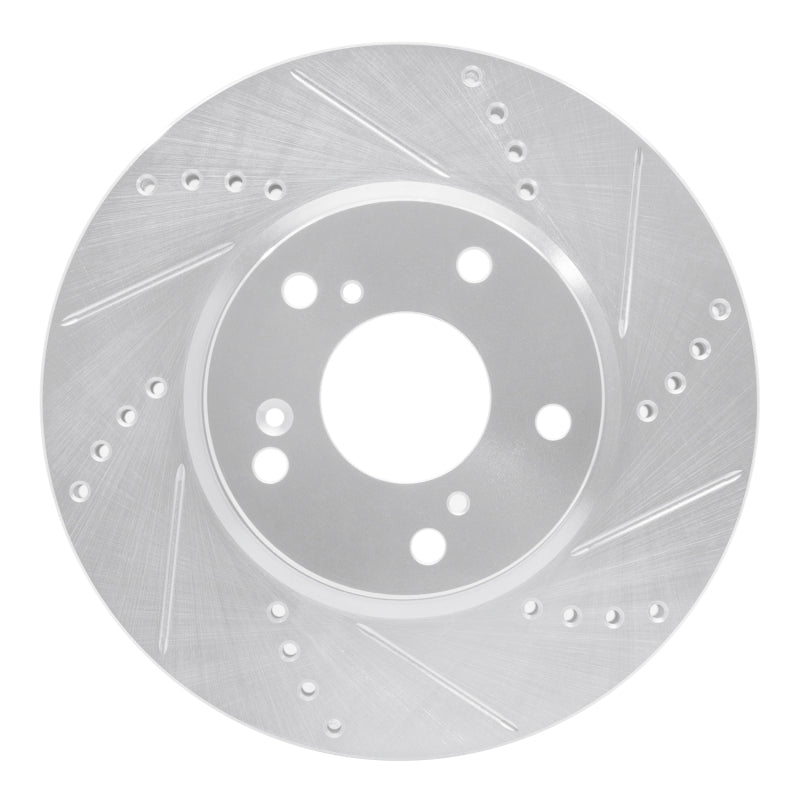 R1 Concepts front right silver drilled and slotted brake rotor for 2016-2026 Honda Civic, Accord, and Insight.