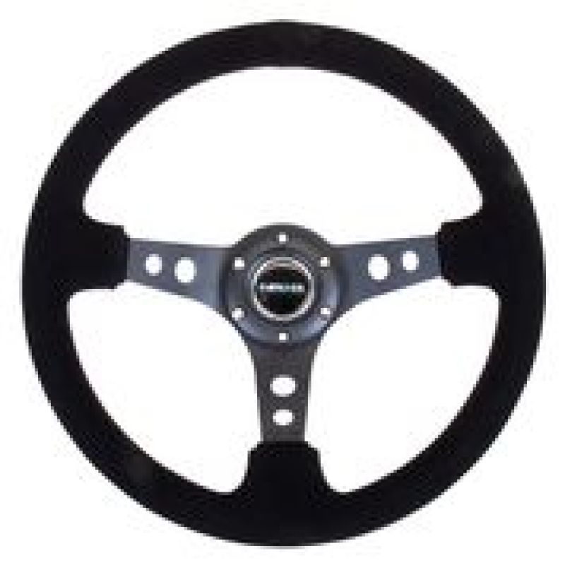 NRG 350mm black suede steering wheel with 3-inch deep dish and black circle cutout spokes