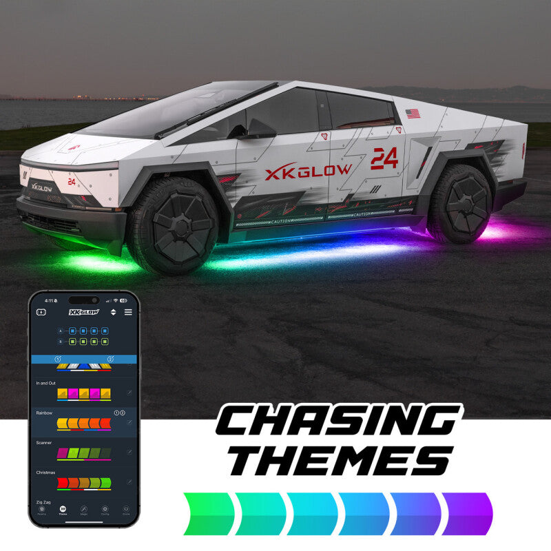 XK Glow XKMax RGBW chasing LED underglow light strips mounted to the chassis of a Tesla Cybertruck.