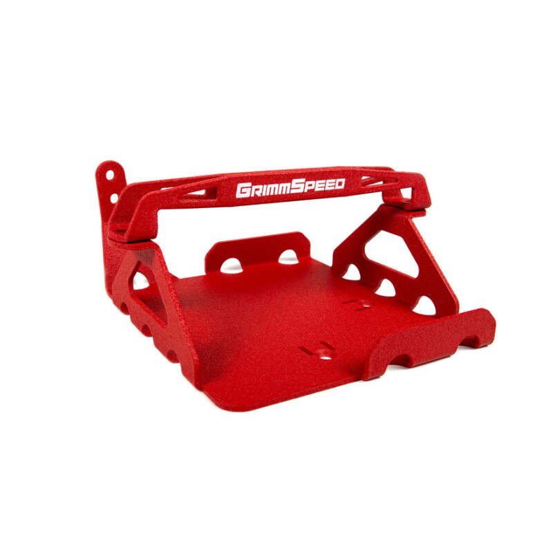 Red powder-coated GrimmSpeed lightweight battery mount kit for 2008-2014 Subaru WRX and STI