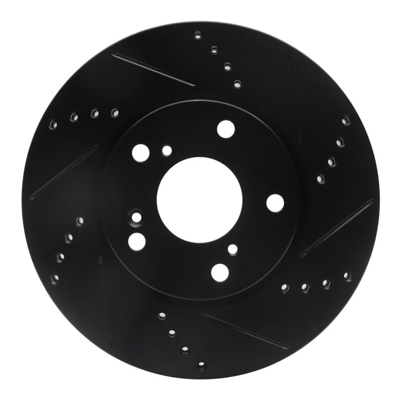 R1 Concepts black drilled and slotted front right brake rotor for 2016-2026 Honda models.