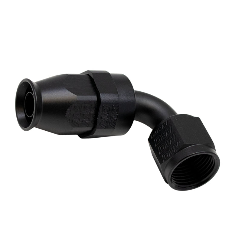 DeatschWerks 90-degree -8AN female swivel PTFE hose end in anodized matte black with brass olive insert