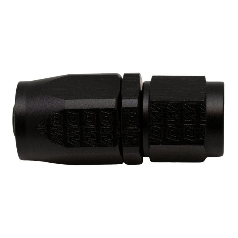 DeatschWerks 6AN female swivel straight hose end for CPE hose with an anodized matte black finish.