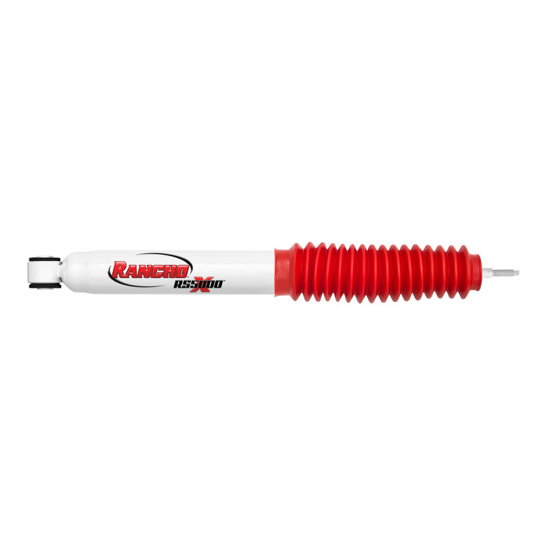 Rancho RS5000X front gas shock absorber with white body, red protective boot, and 16mm nitro-carburized rod