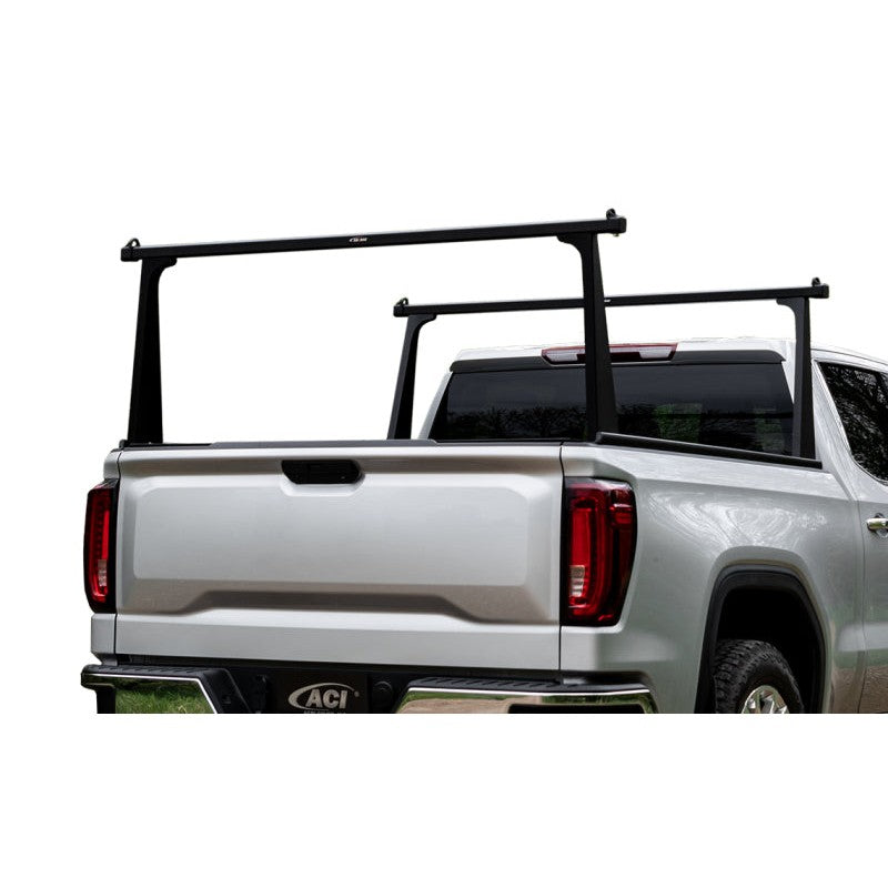 Matte black Access ADARAC Aluminum Pro Series truck rack with multi-functional cross bars on a pickup truck bed.