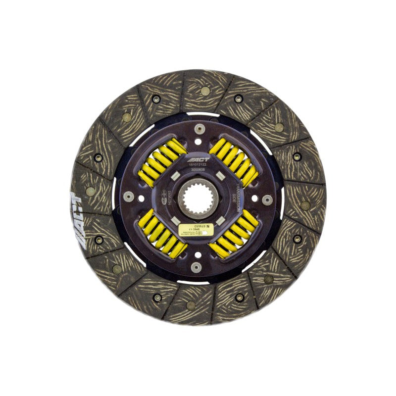 ACT 3000608 Performance Street Sprung Clutch Disc featuring organic friction material and a spring-centered hub assembly.