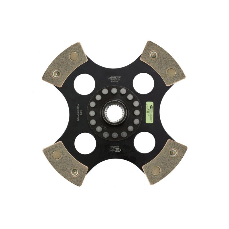 ACT 4240008 4-pad rigid ceramic race clutch disc with high-strength rivets and metallic friction pads.