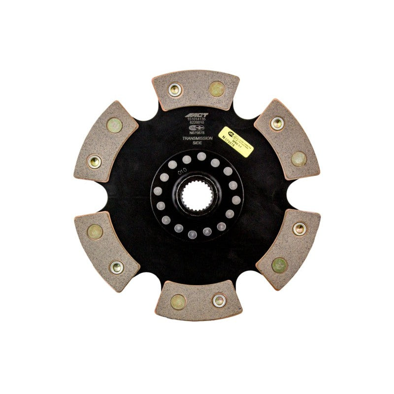 ACT 6220010 ceramic 6-pad rigid race clutch disc featuring heavy-duty rivets and a solid hub center.