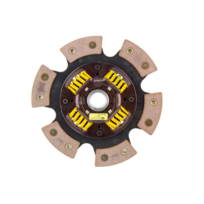 ACT 6-pad sprung ceramic race clutch disc with six gold-tone friction pads and a reinforced central spring hub.
