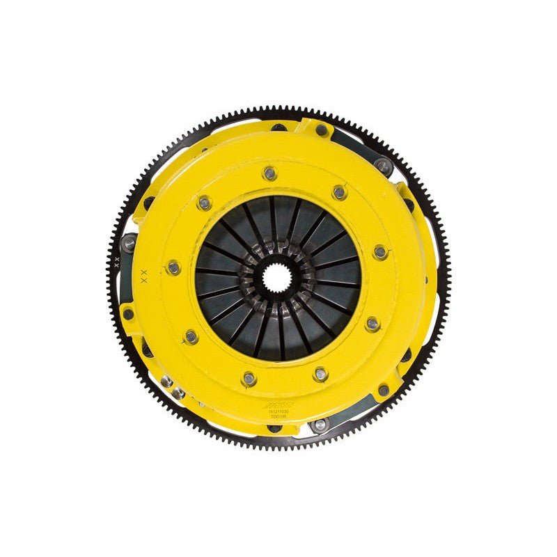 ACT T1R-G01 Twin Disc HD Race Clutch Kit featuring ceramic 6-pad discs, pressure plate, and balanced flywheel.