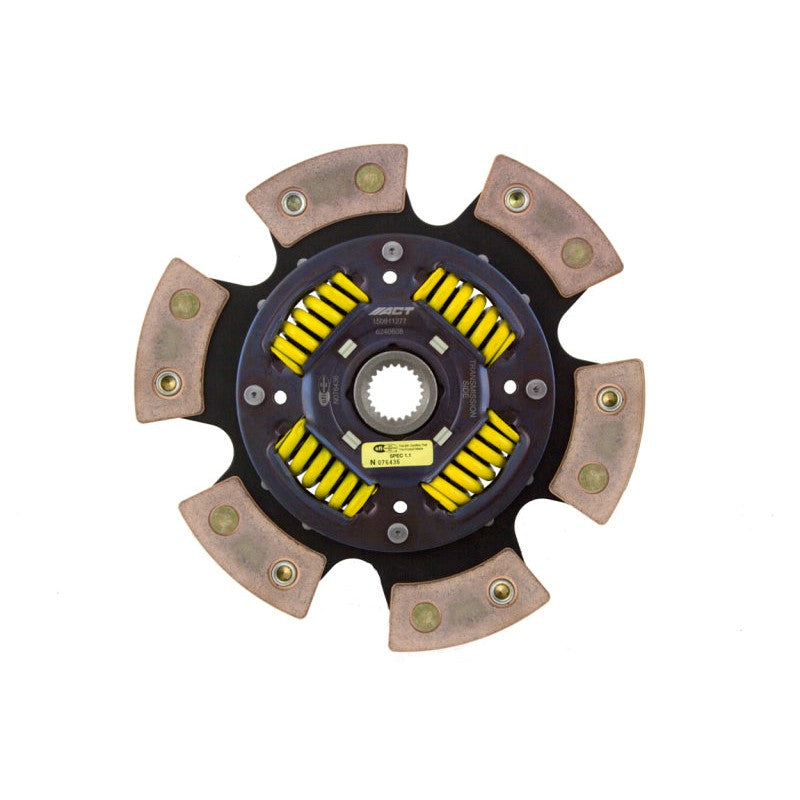 ACT 6-pad ceramic sprung race clutch disc with gold-tone retainer and metallic friction pads for Lancer Evolution.