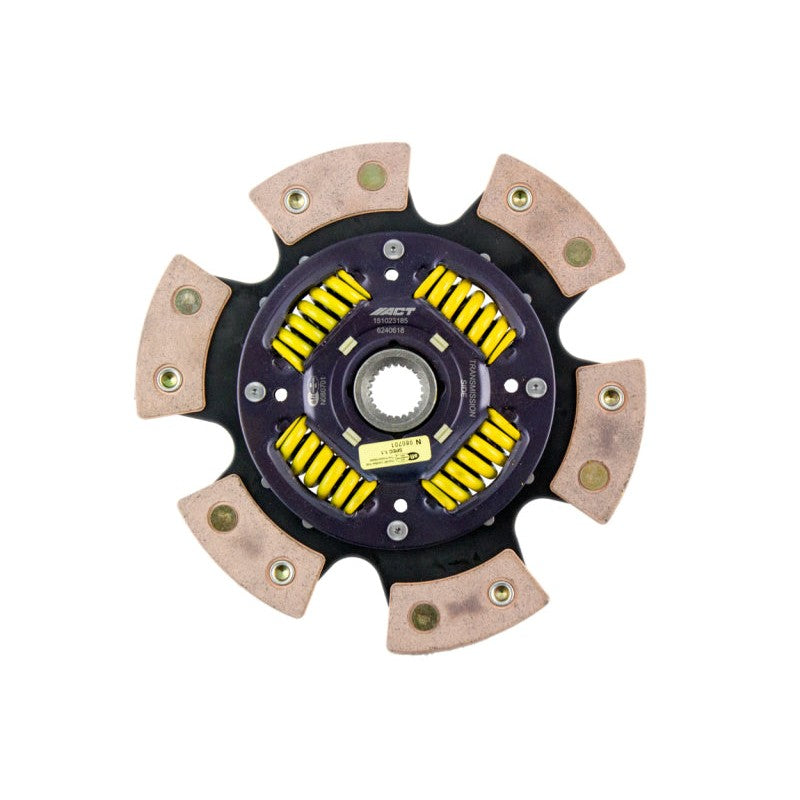 ACT 6-pad sprung ceramic race clutch disc featuring gold-zinc plated retainers and heat-treated steel drive plate.